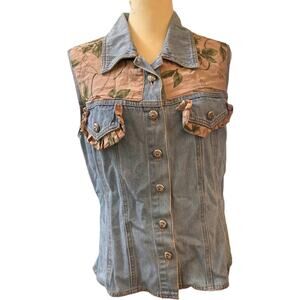 Green Field Vintage Style Floral Patchwork Denim Vest, Western Boho Charm, Large